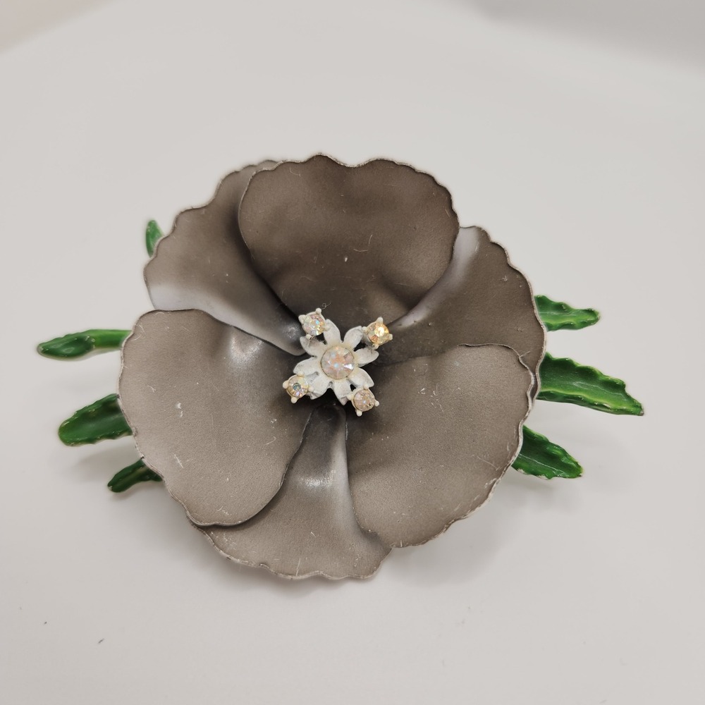 Vintage Grey Enamel Flower Brooch Mod Pop Art 3D‎ Floral Pin 1960s MCM Style